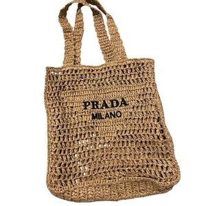 Prada Raffia crochet style beige tote bag